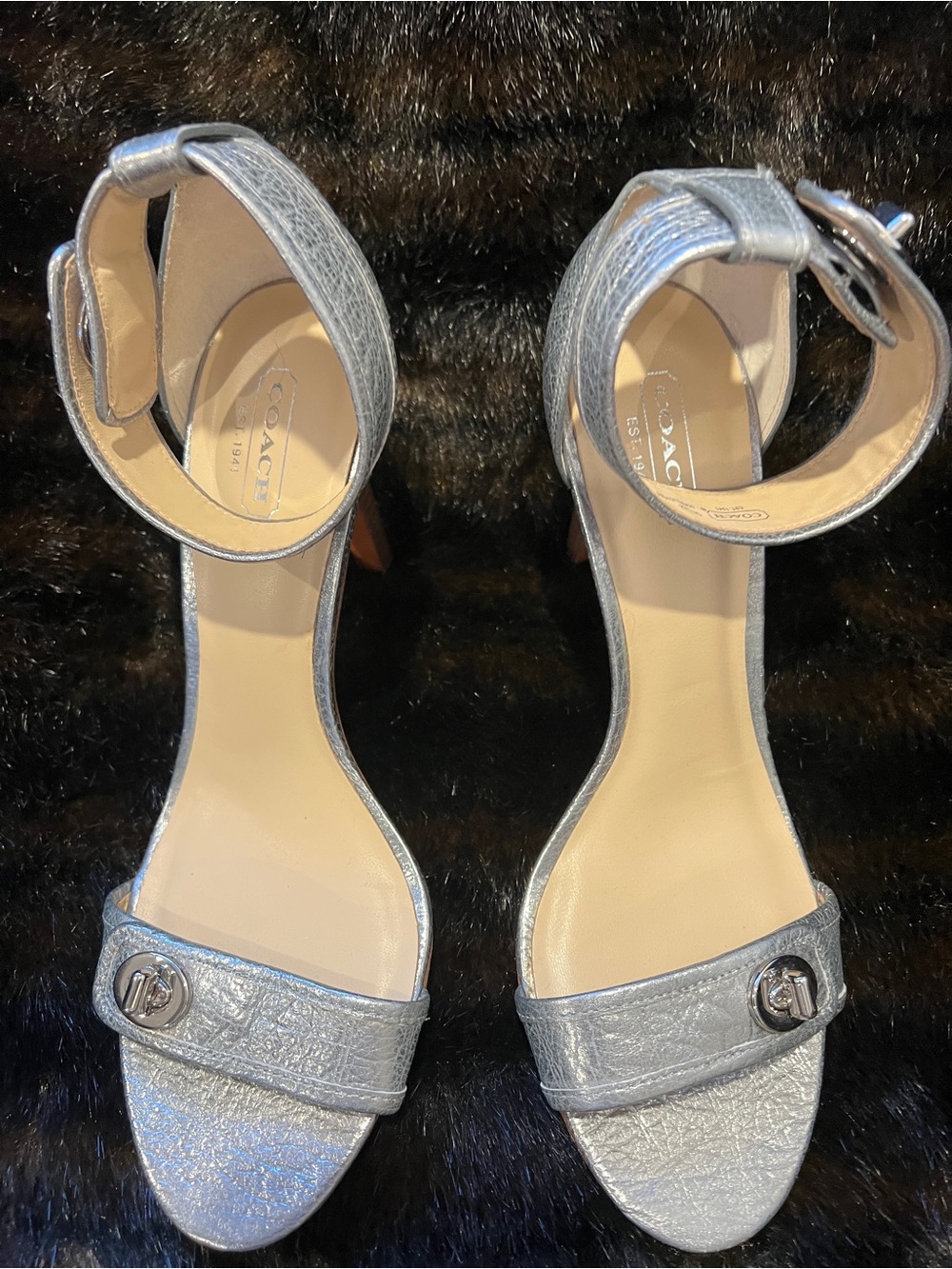 Coach Silver Metallic Ankle-Strap Heeled Sandals
